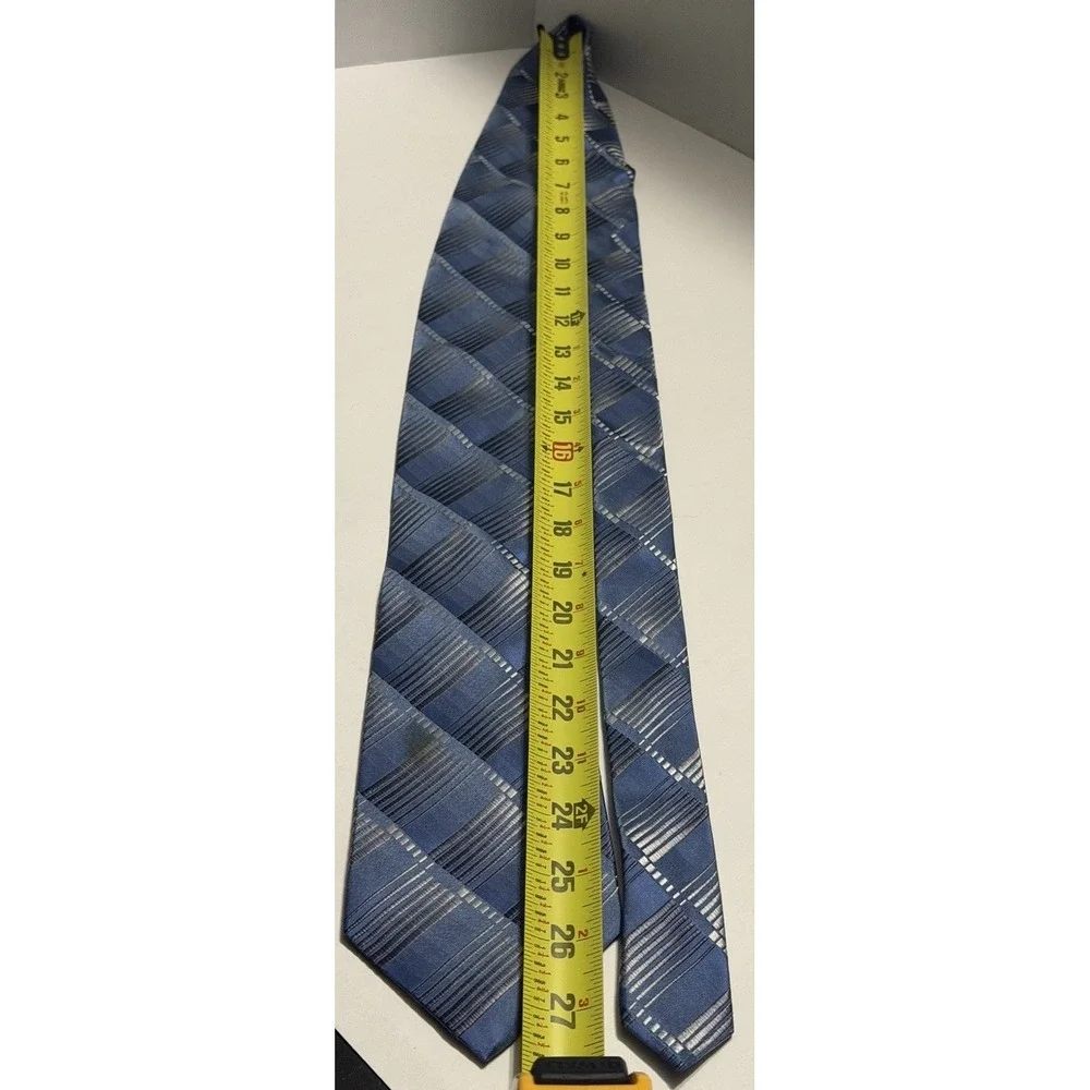Secours Mens Silk Necktie Blue Silver Geometric Plaid Hand Made Formal Tie